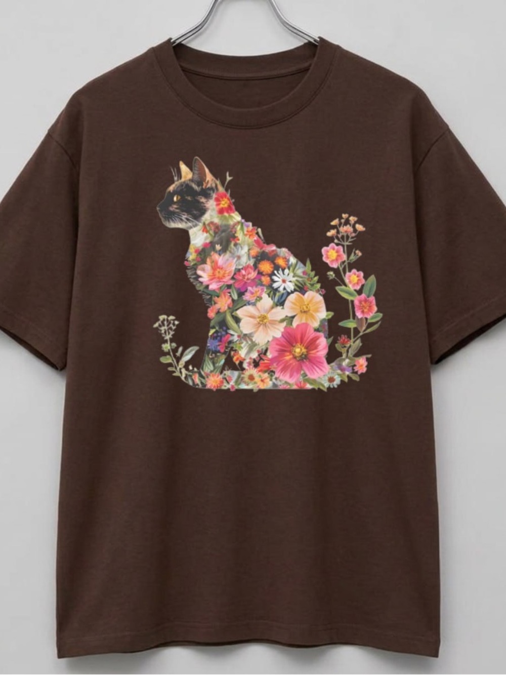 Vintage Floral Cat Graphic Tee - Dark Brown Colorful Cute Cat Shirt